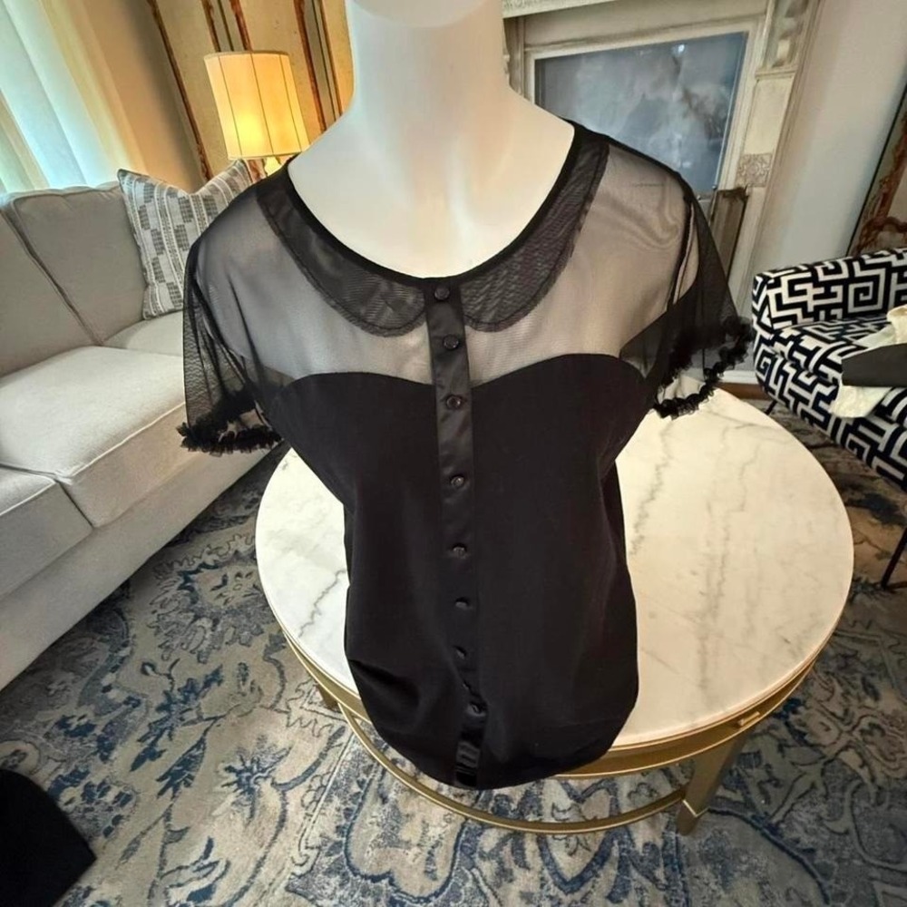 Black mesh button-up top with lace trim and ruffle details